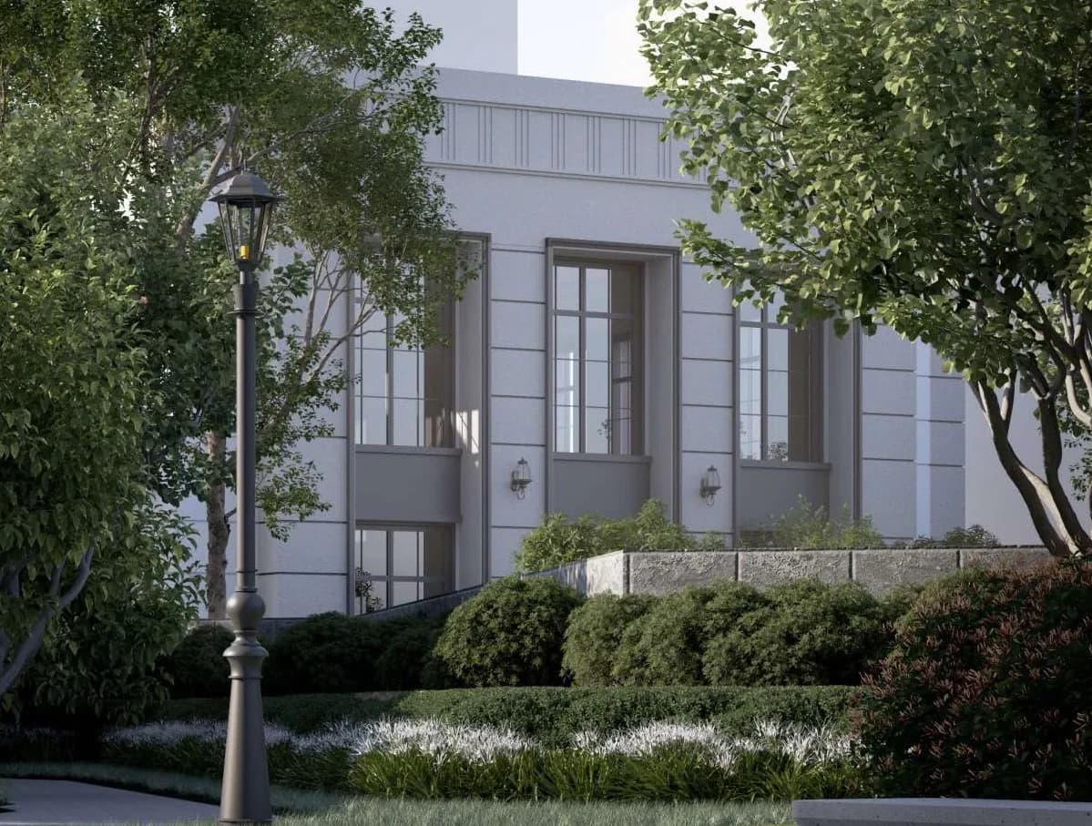 Artistic impression of the arrival garden with a lamp post and a pale-stone facade