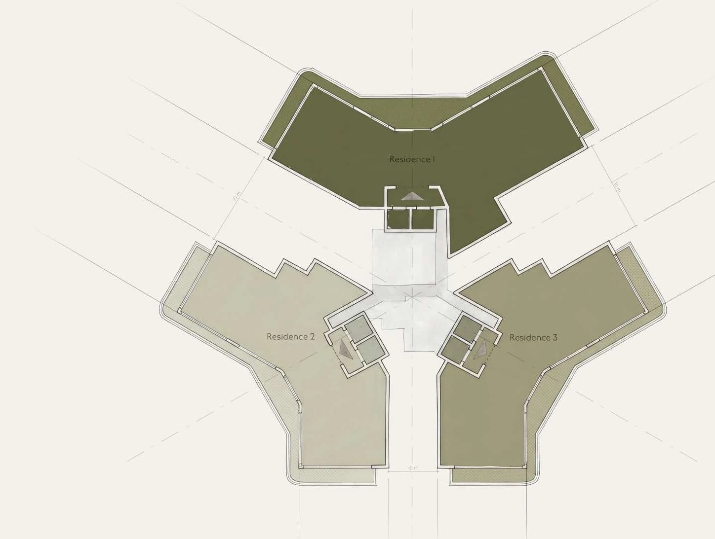 Typical floorplate: three residences arranged around a central core, each with its own private lift lobby