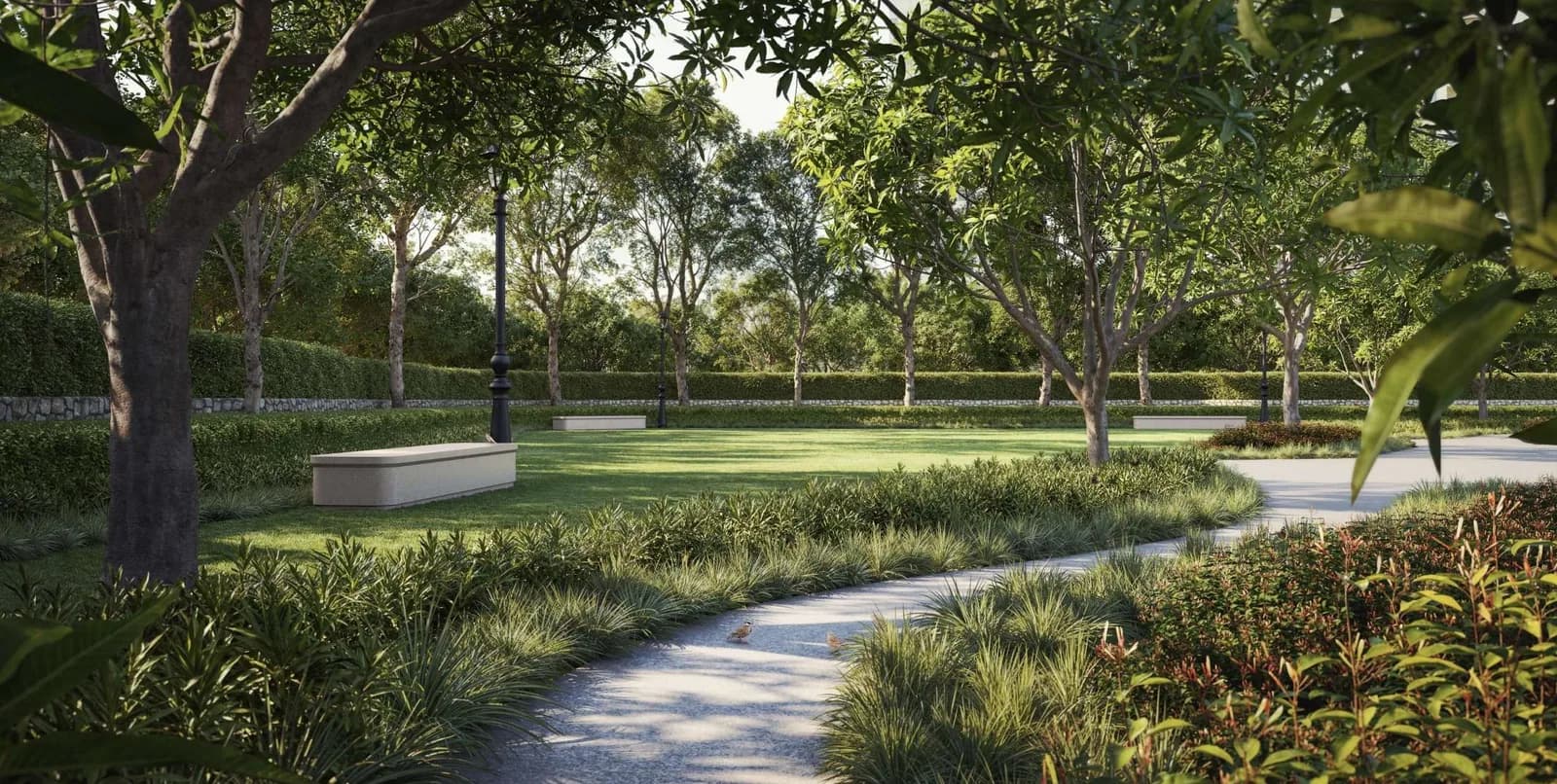 Artistic impression of a shaded lawn and winding garden path