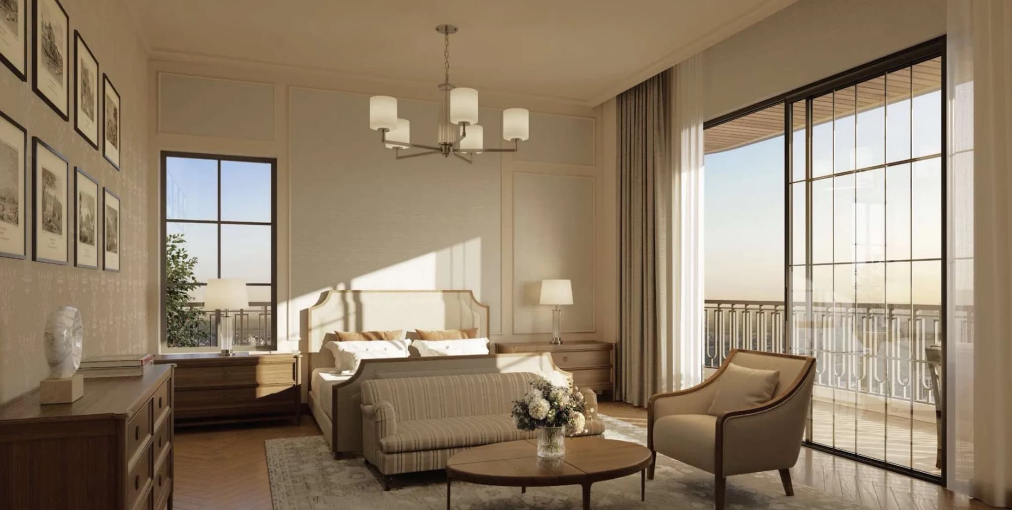 Artistic impression of a master bedroom with tall Georgian-style windows opening to a deck