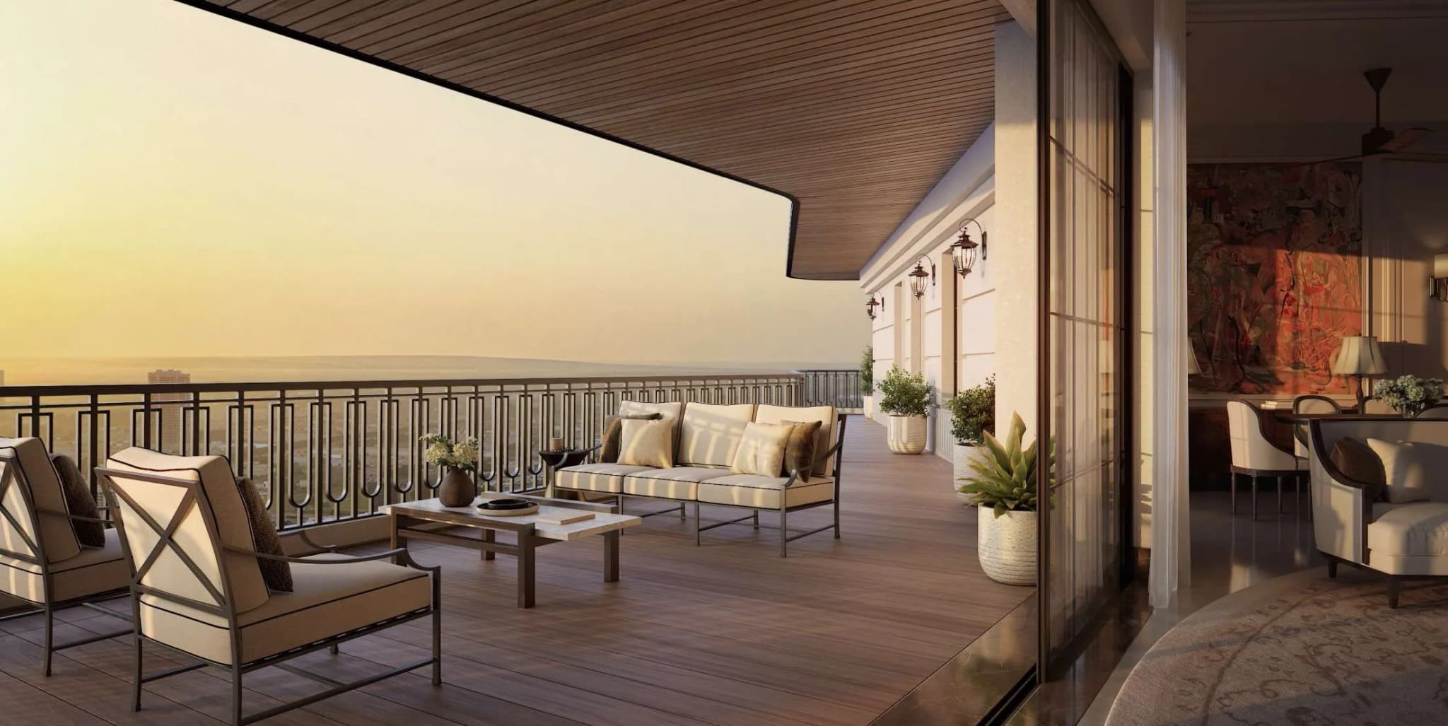 Artistic impression of a deep private deck with a timber soffit and lounge seating at sunset